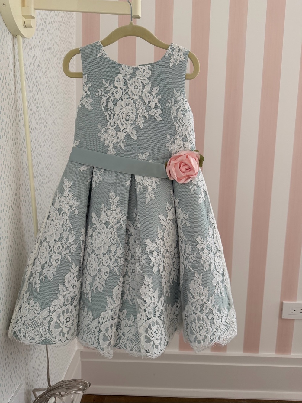 Monsoon Sage Green Lace Dress with Pink Rose Accent